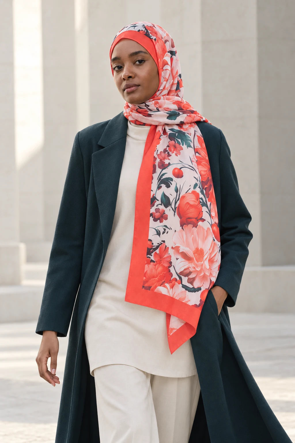 Versalis | Crimson Bloom Desenli So Soft™ Şal Narenciye Işıltısı — model üzerinde görünüm