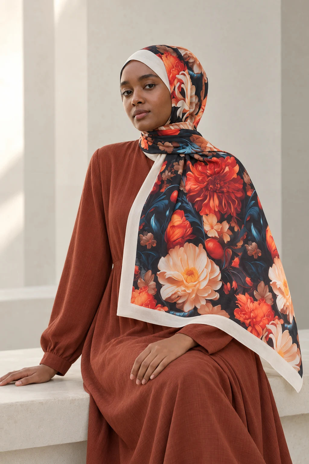 Versalis | Crimson Bloom Desenli So Soft™ Şal Amber Alevi — model üzerinde görünüm