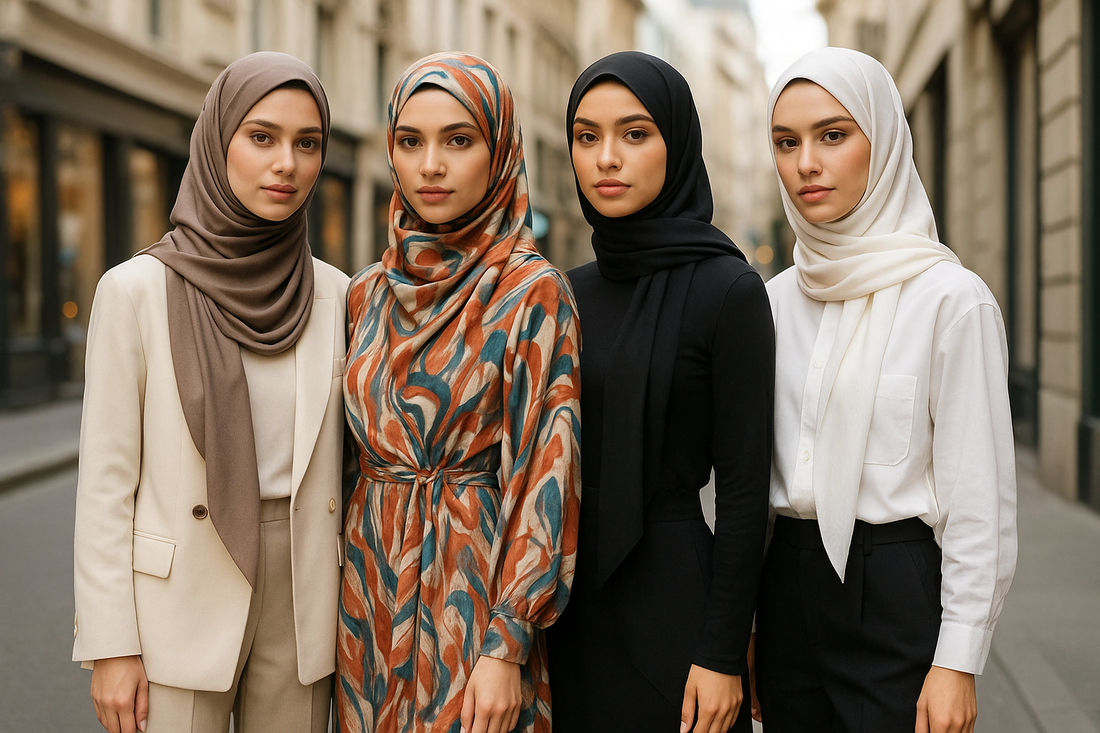 2025 şal modası trendlerini yansıtan farklı renklerde şal bağlamış dört kadın sokakta stil ile poz veriyor