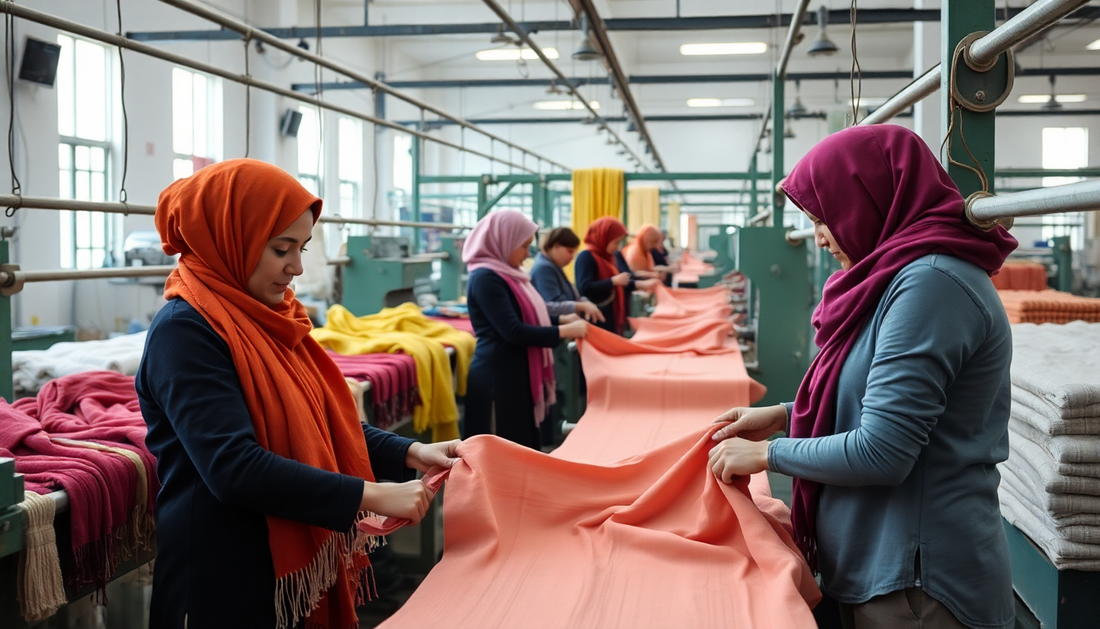 Soft textile factory with experienced workers producing scarves