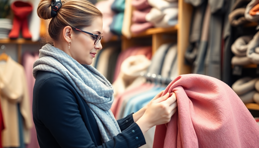 A woman examining soft scarves carefully in a store