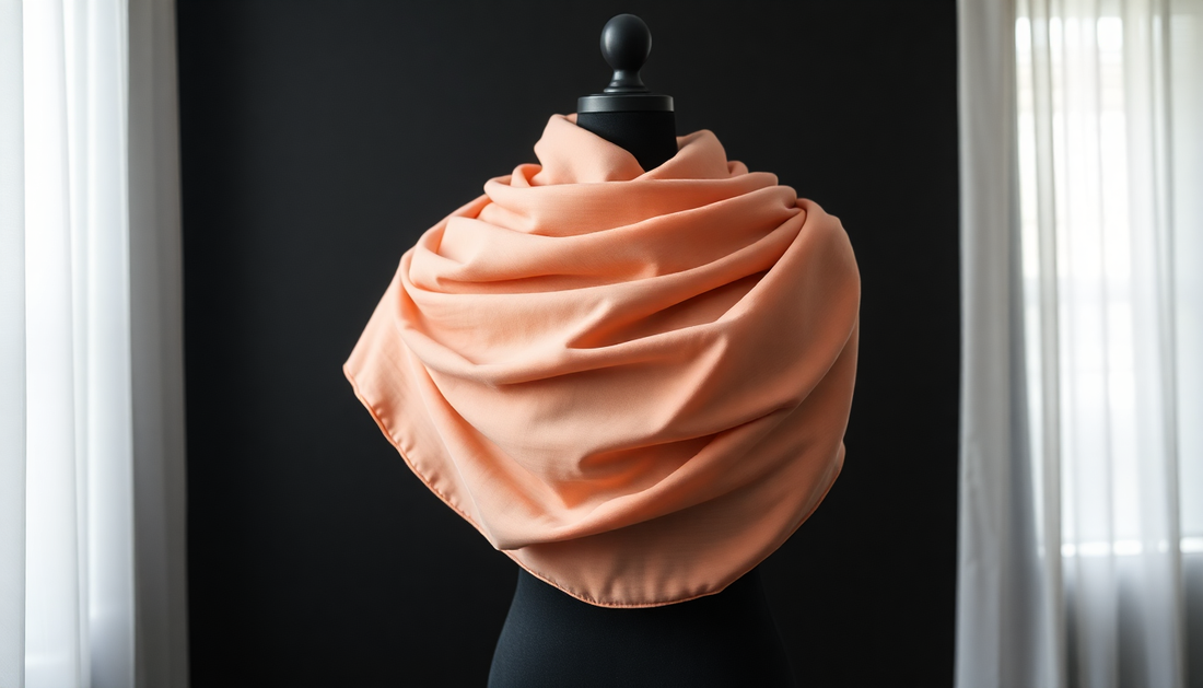 A soft shawl draped elegantly on a mannequin in black room