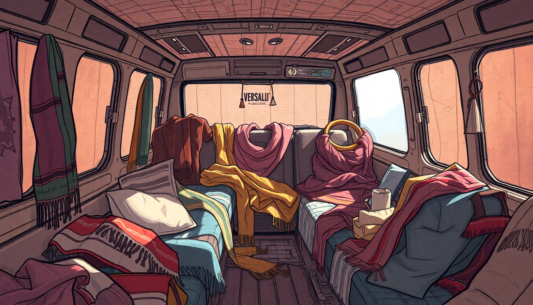 2d sketch cargo van inside thousands of scarf and shawls of "Versalis"