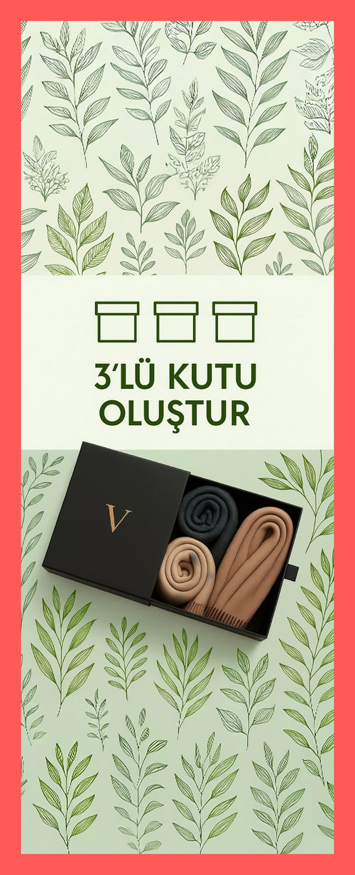 Versalis 3'lü şal paketi siyah kutuda krem ve gri tonlarda şallar ile