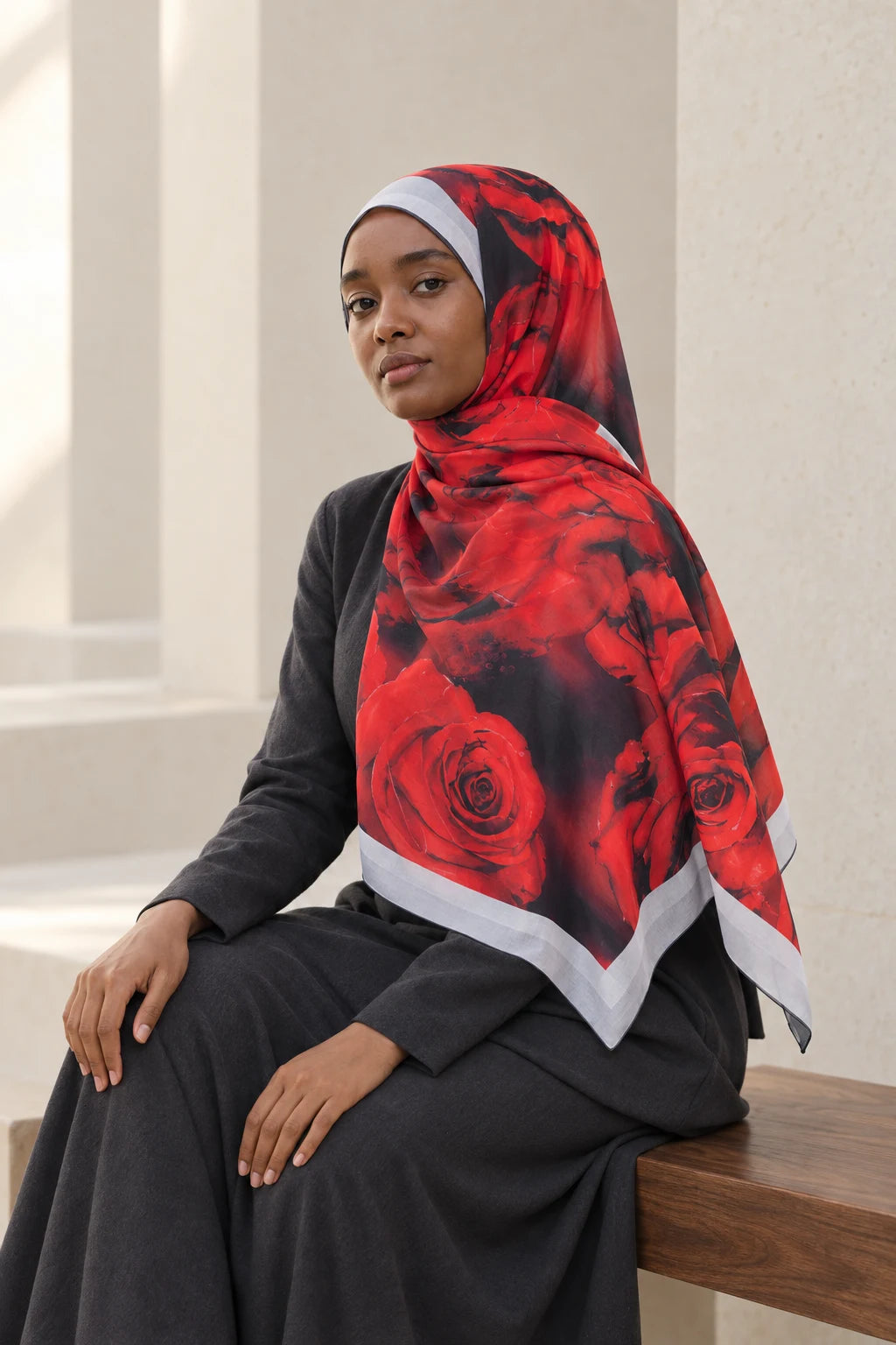 So Soft™ Şal | Rose Cloud - Kırmızı Gül Baharı — model üzerinde görünüm
