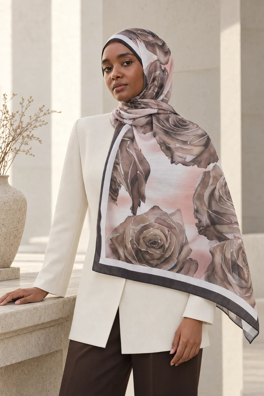 So Soft™ Şal | Rose Cloud - Açık Bej Kahve Gülüşü — model üzerinde görünüm