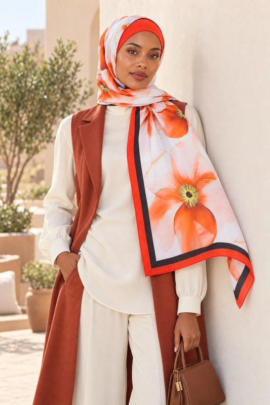 So Soft™ Şal | Blush Flora - Koyu Turuncu Güzellik — modelli görünüm