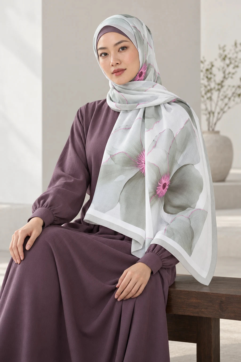 So Soft™ Şal | Blush Flora - Açık Gri Rüya — modelli görünüm