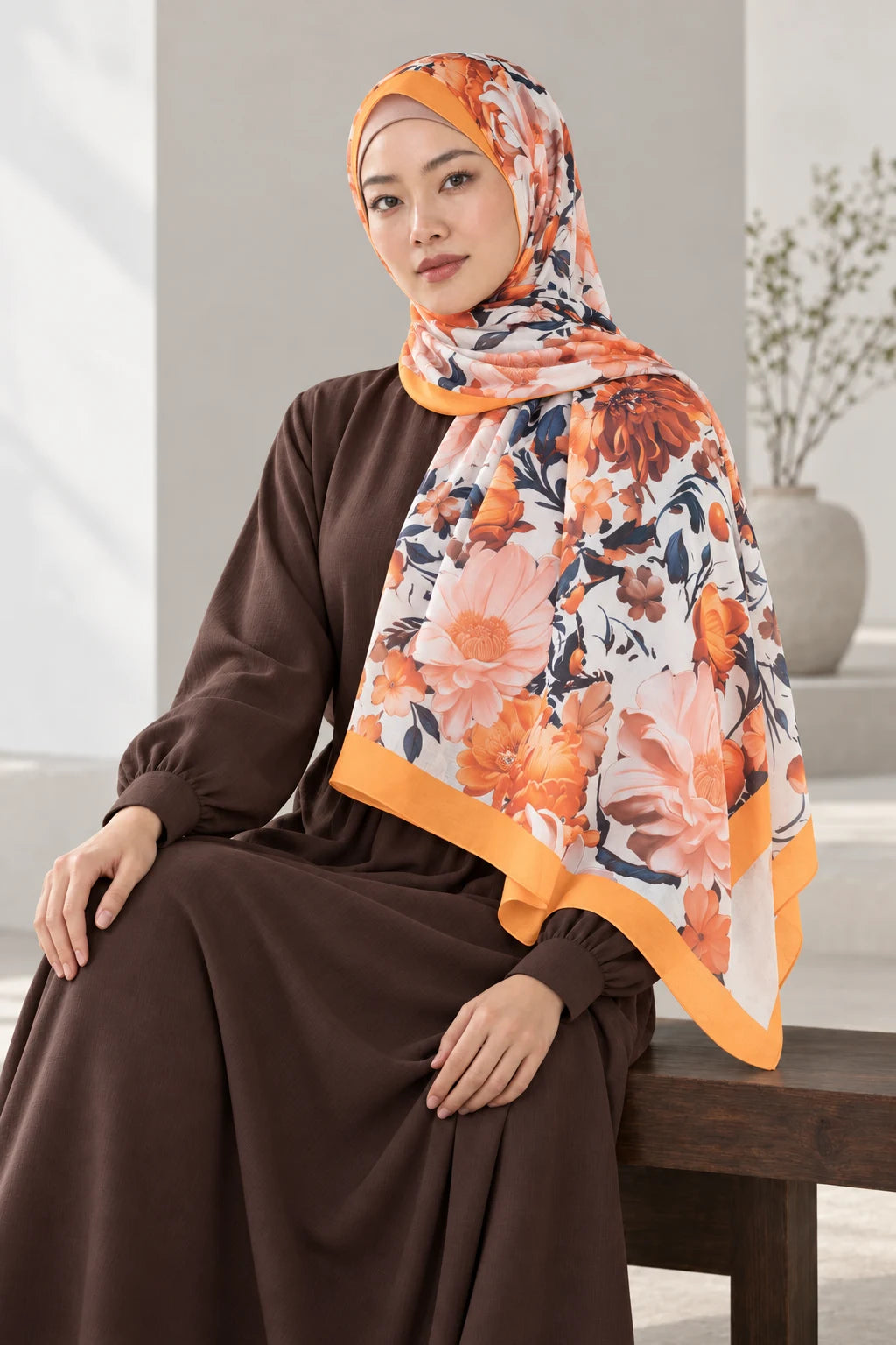 Versalis | Crimson Bloom Desenli So Soft™ Şal Şampanya Baharı — model üzerinde görünüm
