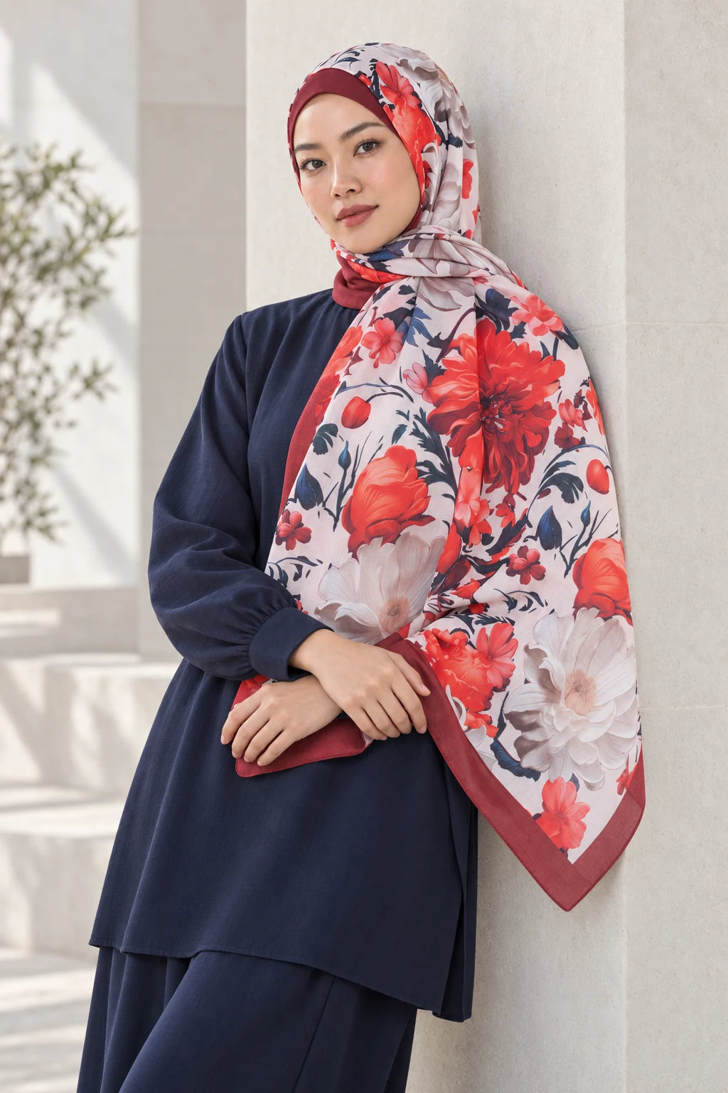 Versalis | Crimson Bloom Desenli So Soft™ Şal İnci Kızılı — model üzerinde görünüm