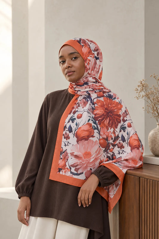 Versalis | Crimson Bloom Desenli So Soft™ Şal Koral Ateş — model üzerinde görünüm