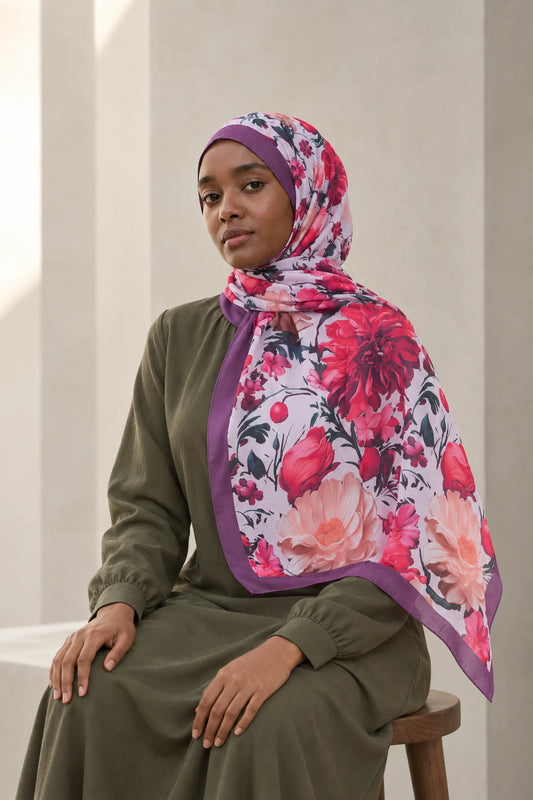 Versalis | Crimson Bloom Desenli So Soft™ Şal Fuşyada Pudra — model üzerinde görünüm