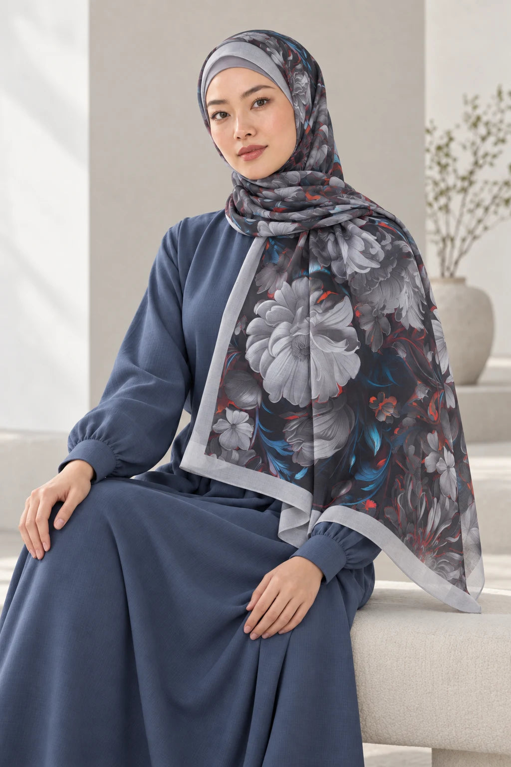 Versalis | Crimson Bloom Desenli So Soft™ Şal Gümüş Gölgeler — model üzerinde görünüm