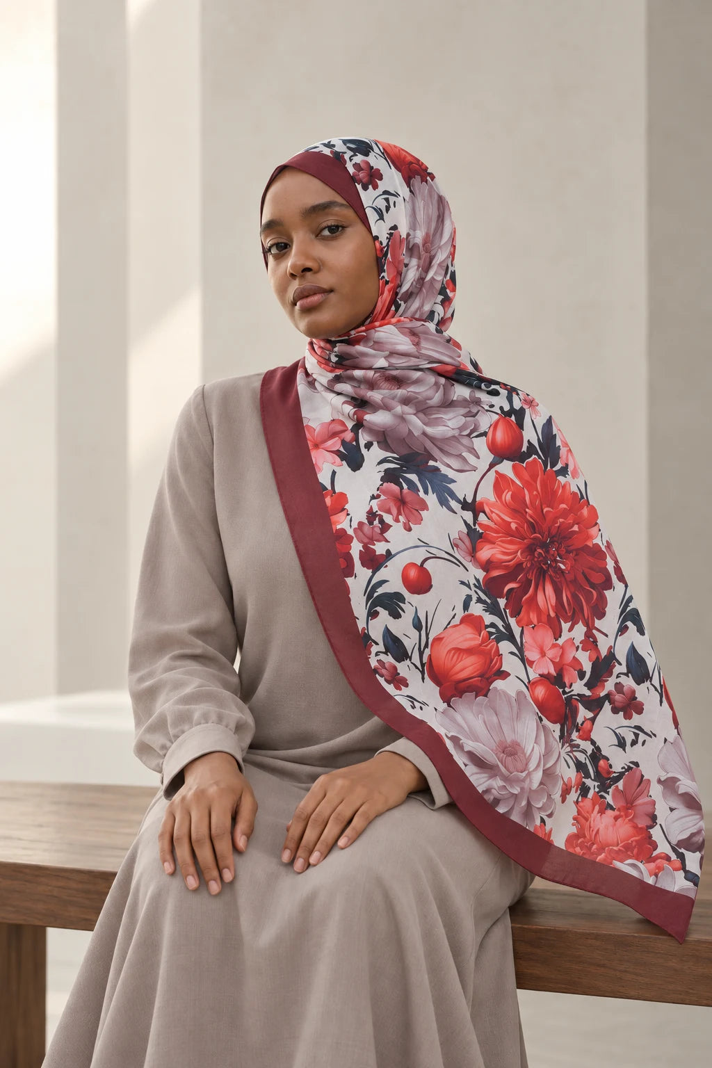 Versalis | Crimson Bloom Desenli So Soft™ Şal Tarçın Şakayık — model üzerinde görünüm