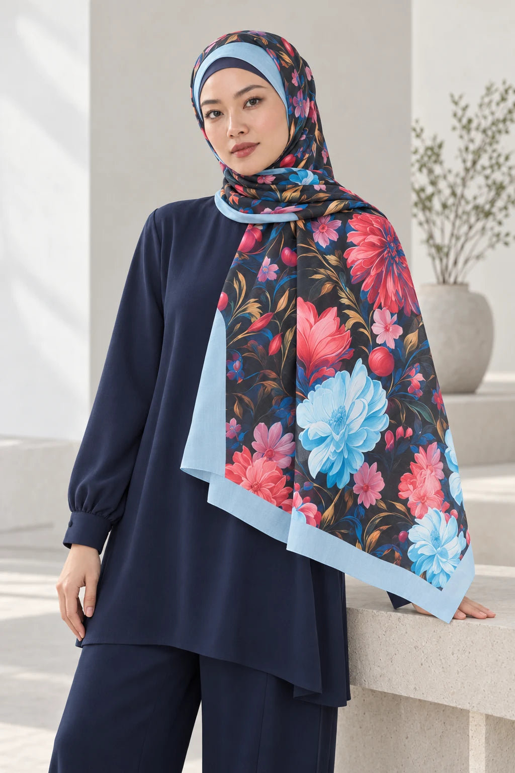 Versalis | Crimson Bloom Desenli So Soft™ Şal Turkuaz Rüya — model üzerinde görünüm