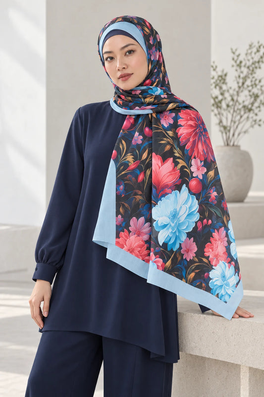 Versalis | Crimson Bloom Desenli So Soft™ Şal Turkuaz Rüya — model üzerinde görünüm
