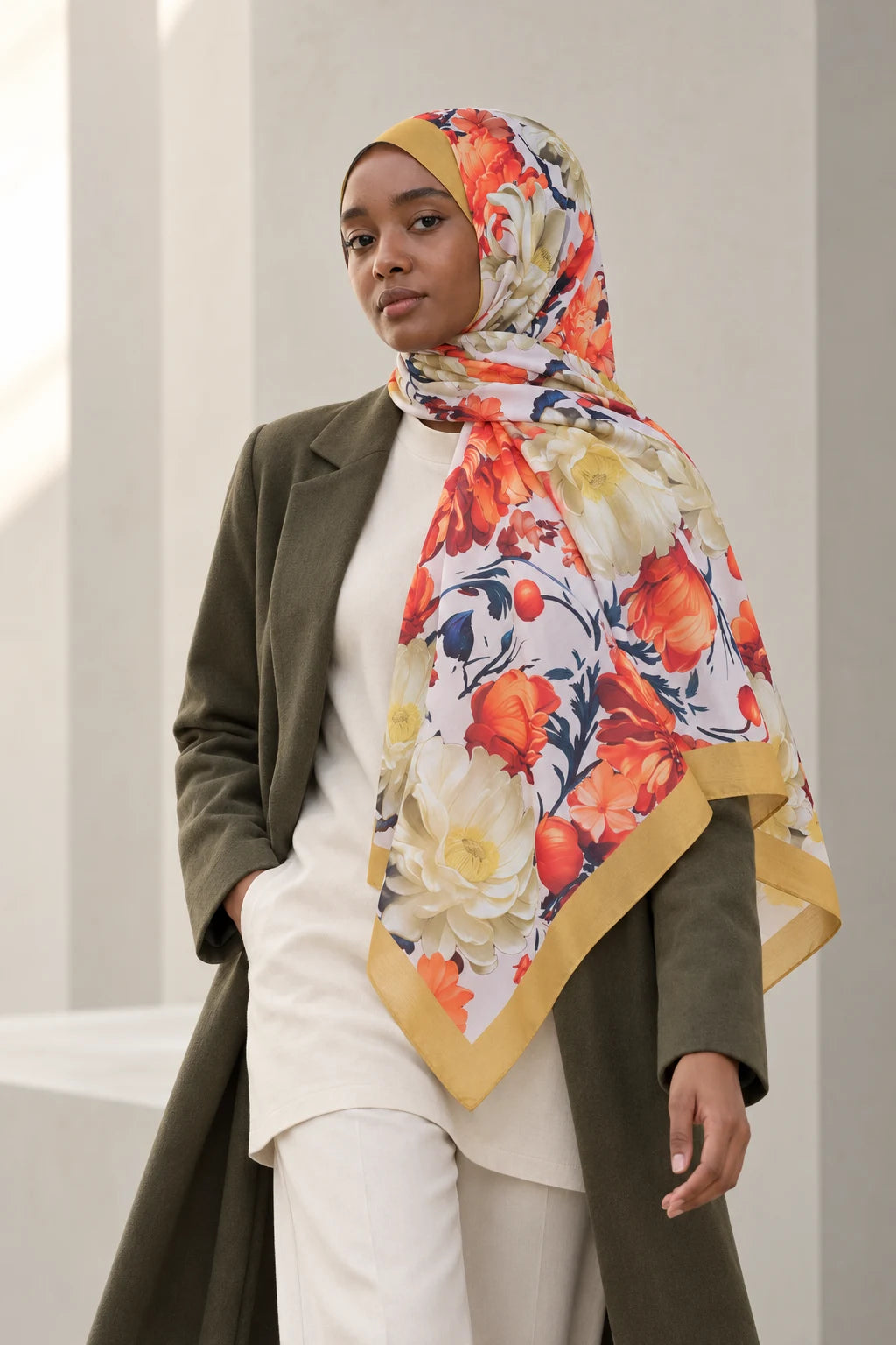 Versalis | Crimson Bloom Desenli So Soft™ Şal Bal Kehribar — model üzerinde görünüm