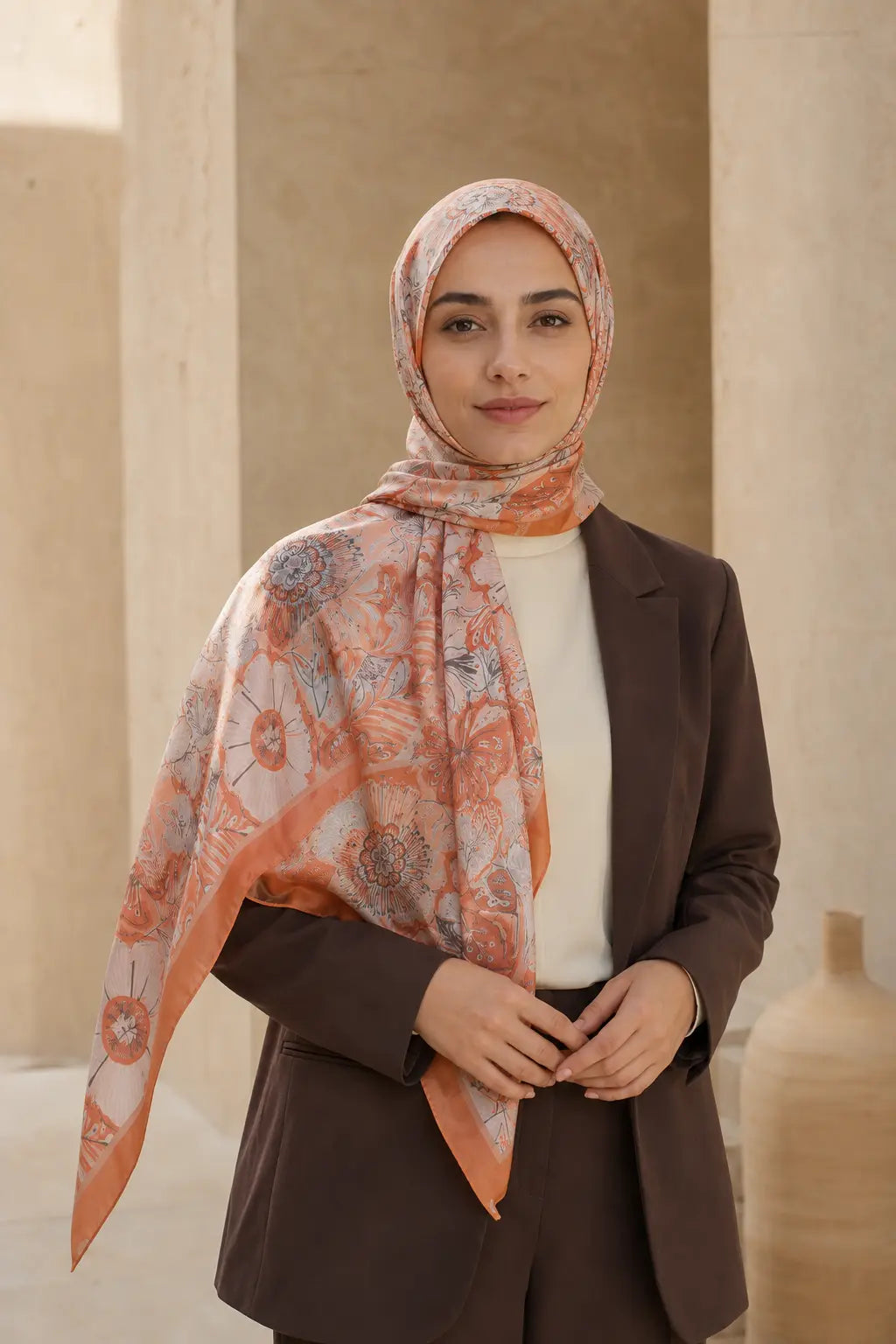 So Soft™ Şal | Royal Paisley - Turuncu Mercan — model üzerinde görünüm